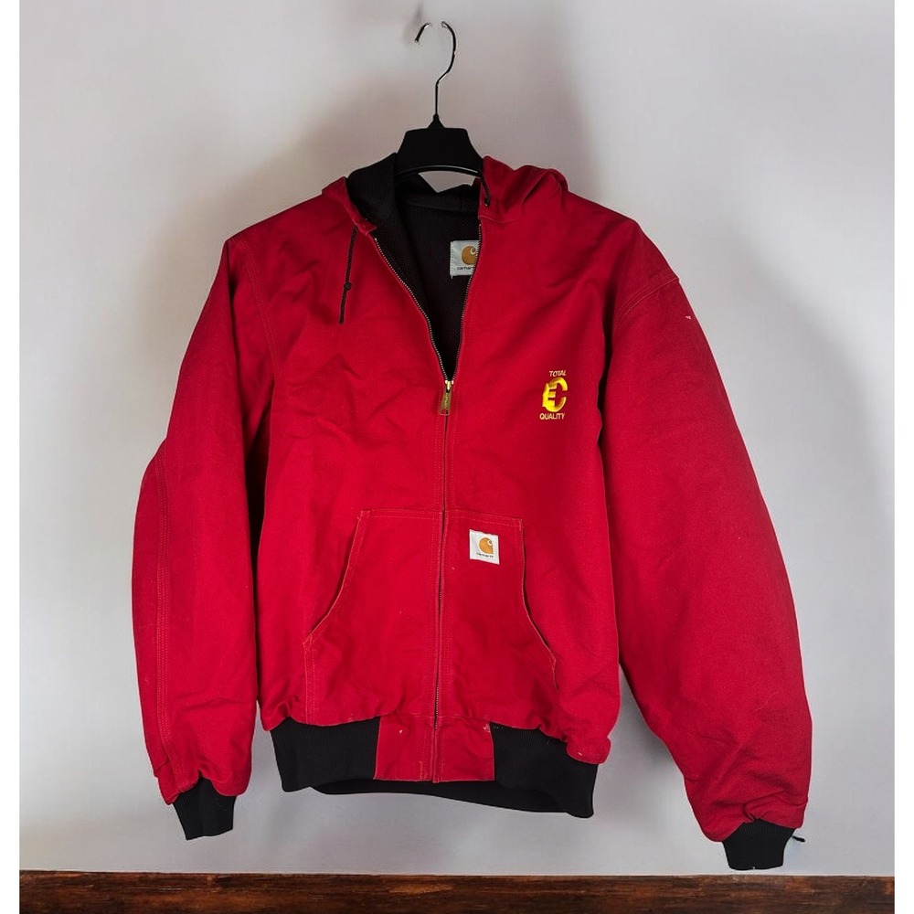Carhartt Distressed Red Lined Hooded Jacket USA Coat *Company Logo XL Tall - Picture 1 of 15